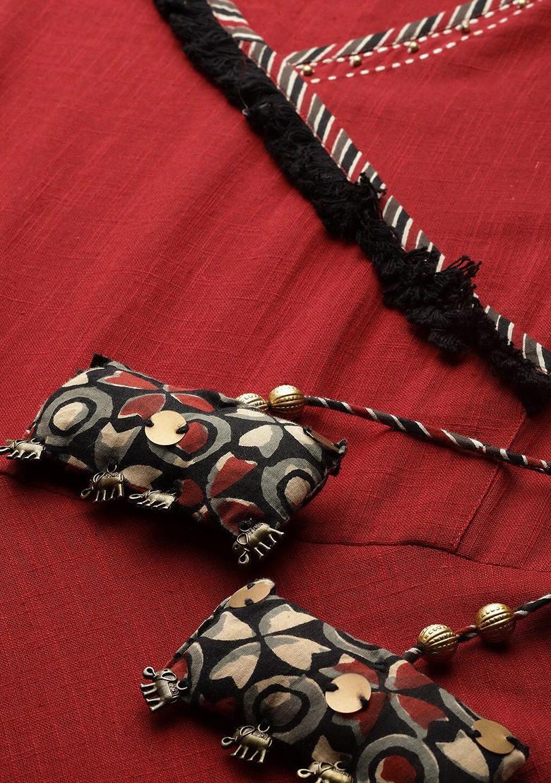 Maroon Embroidered Poly Blended Kurtas - Indya