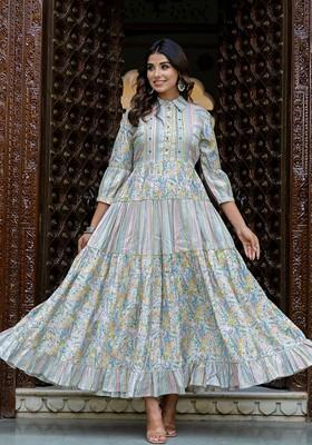 Grey Embroidered Poly Blended Kurtas