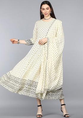Beige Embroidered Poly Blended Kurtas