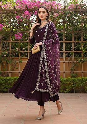 Magenta Embroidered Poly Blended Kurta Sets