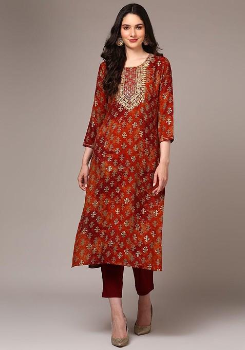 Orange Embroidered Poly Blended Kurtas