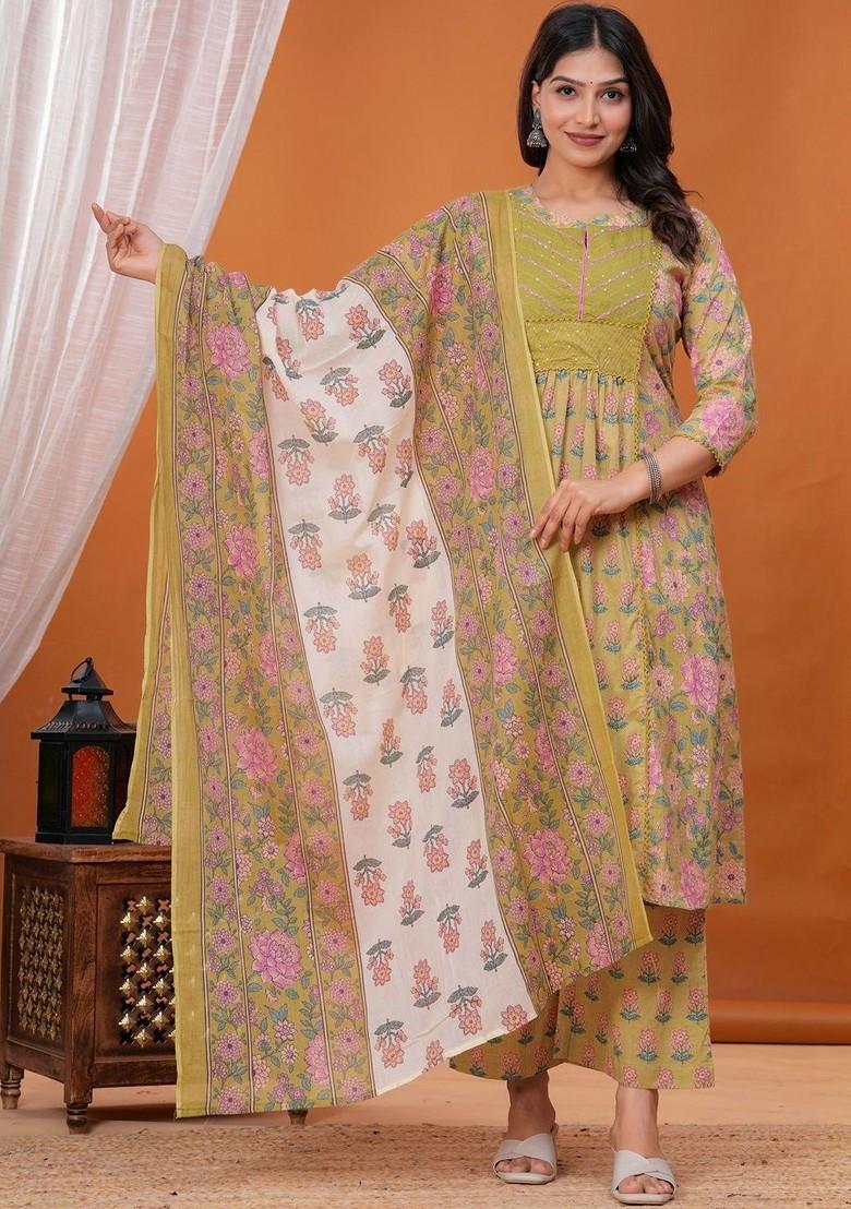 Olive Embroidered Poly Blended Kurta Sets - Indya