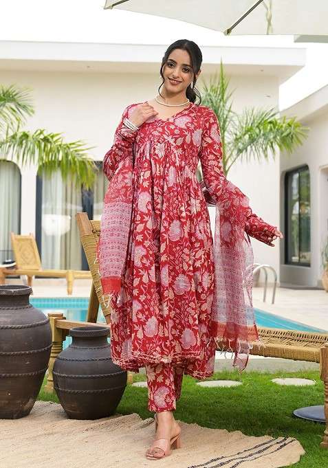 Red Embroidered Poly Blended Kurta Sets