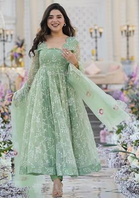 Lime Green Embroidered Poly Blended Kurta Sets