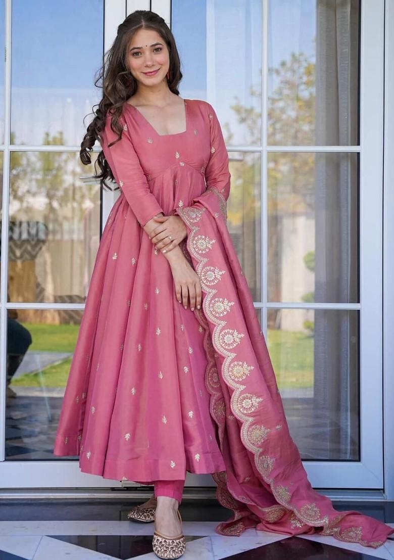 Peach Embroidered Poly Blended Kurta Sets