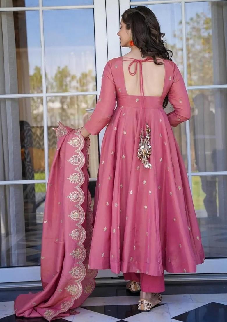 Peach Embroidered Poly Blended Kurta Sets