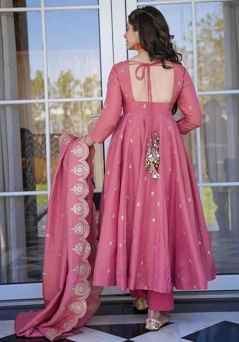 Peach Embroidered Poly Blended Kurta Sets