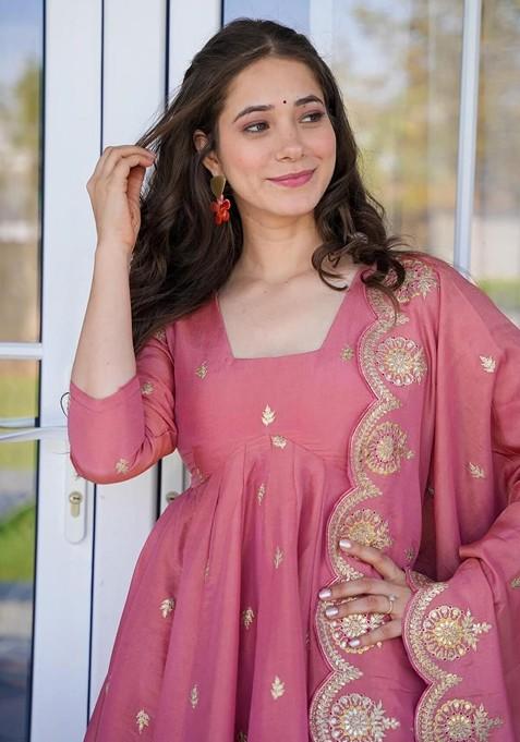 Peach Embroidered Poly Blended Kurta Sets