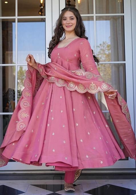 Peach Embroidered Poly Blended Kurta Sets