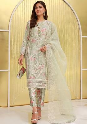 Sea Green Embroidered Poly Blended Kurta Sets