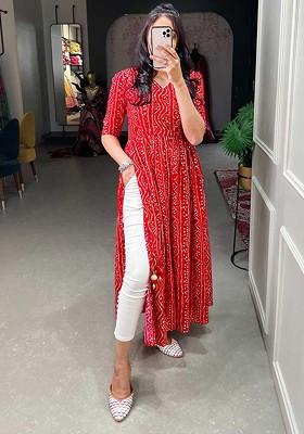 Red Embroidered Poly Blended Kurtas