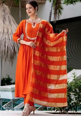 Rust Embroidered Poly Blended Kurta Sets