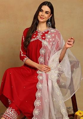 Red Embroidered Poly Blended Kurta Sets