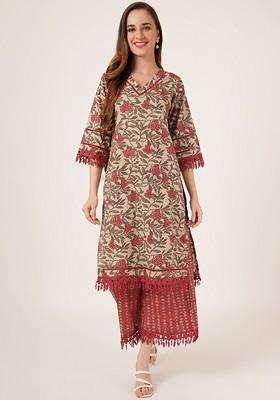 Maroon Embroidered Poly Blended Kurta Sets
