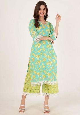 Turquoise Blue Embroidered Poly Blended Kurta Sets