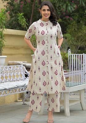 Off White Embroidered Poly Blended Kurta Sets