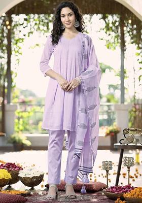 Lavender Embroidered Poly Blended Kurta Sets
