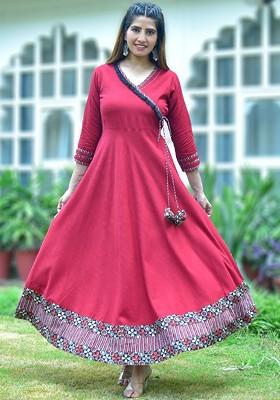 Maroon Embroidered Poly Blended Kurtas