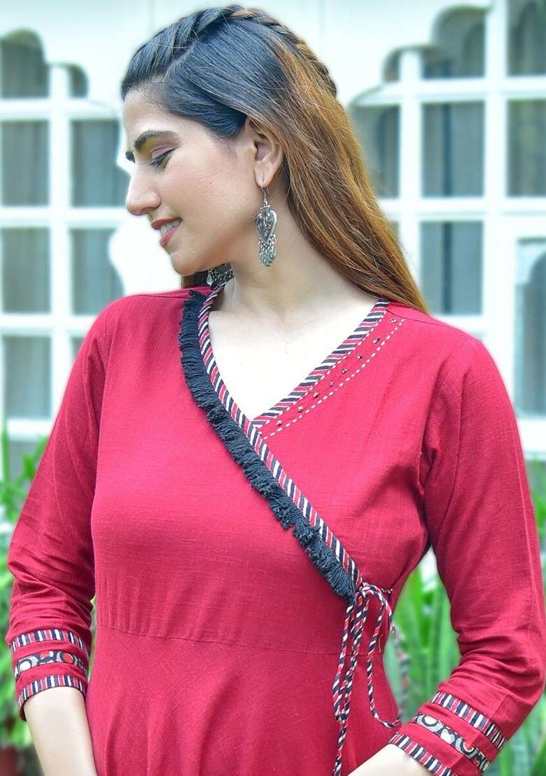 Maroon Embroidered Poly Blended Kurtas - Indya