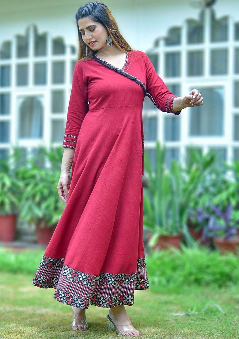 Maroon Embroidered Poly Blended Kurtas - Indya