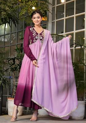 Pink Embroidered Poly Blended Kurtas