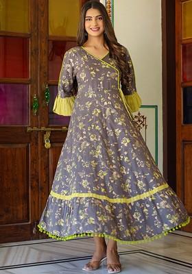 Grey Embroidered Poly Blended Kurtas