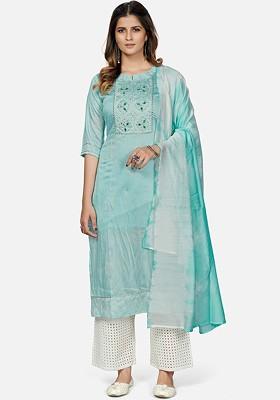 Turquoise Blue Embroidered Poly Blended Kurtas