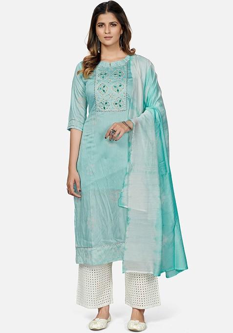 Turquoise Blue Embroidered Poly Blended Kurtas