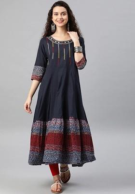 Blue Embroidered Poly Blended Kurtas