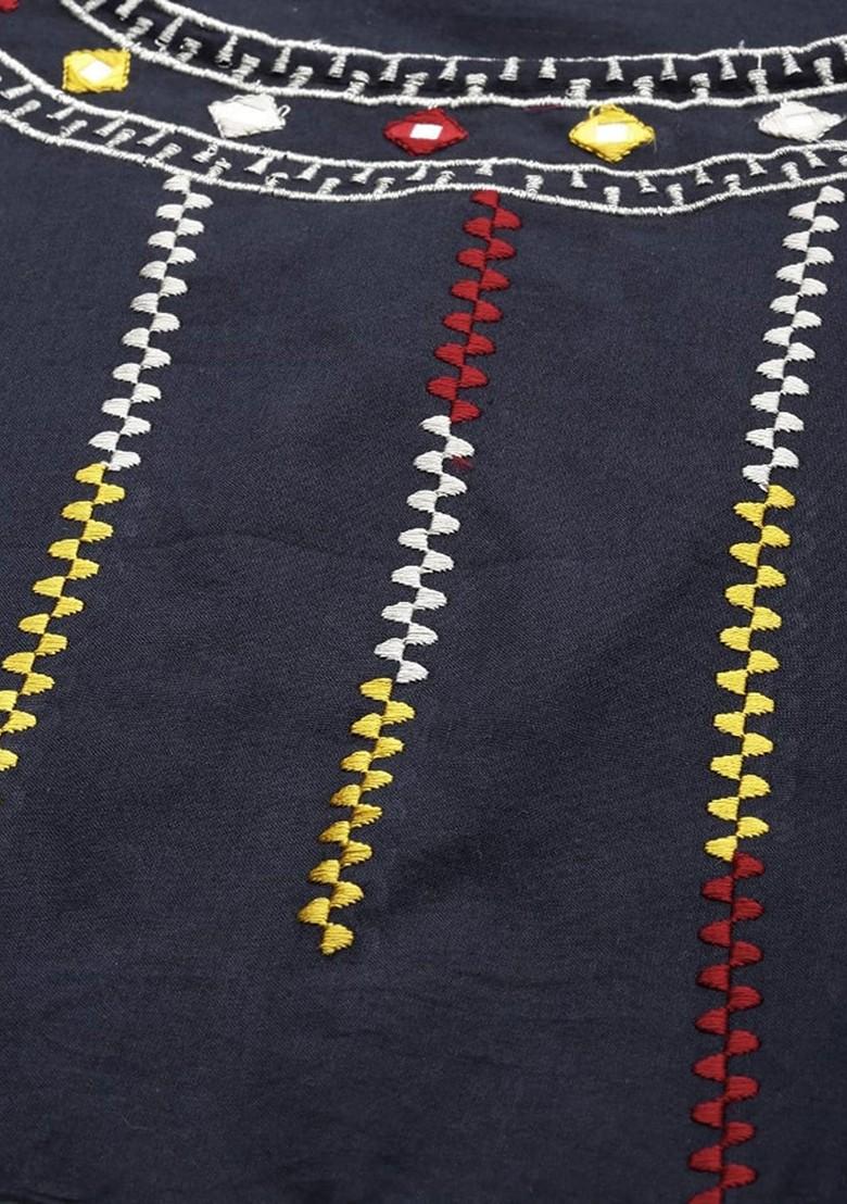 Blue Embroidered Poly Blended Kurtas - Indya