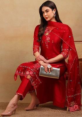 Red Embroidered Poly Blended Kurta Sets