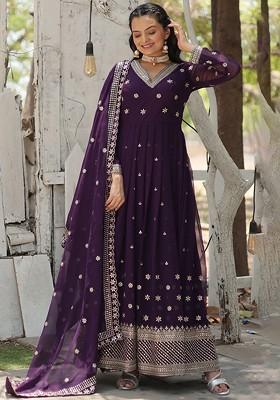 Purple Embroidered Poly Blended Kurtas