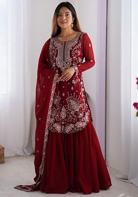 Maroon Embroidered Poly Blended Kurta Sets