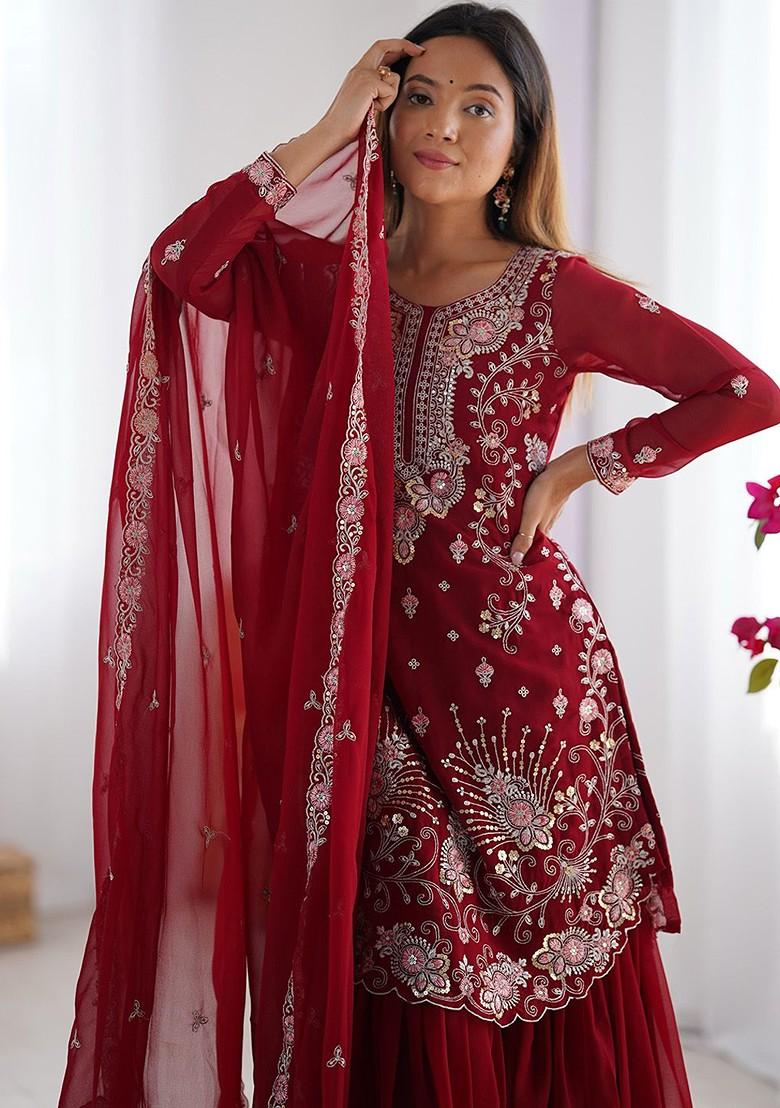 Maroon Embroidered Poly Blended Kurta Sets - Indya