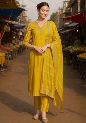 Yellow Embroidered Poly Blended Kurta Sets