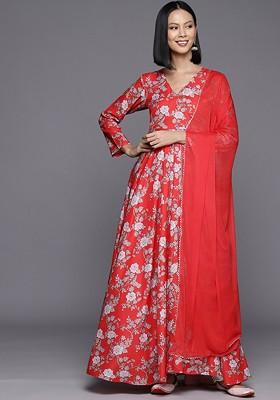 Red Embroidered Poly Blended Kurtas