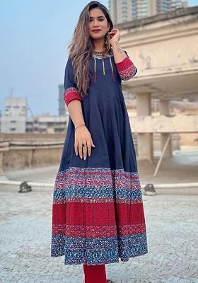 Blue Embroidered Poly Blended Kurtas