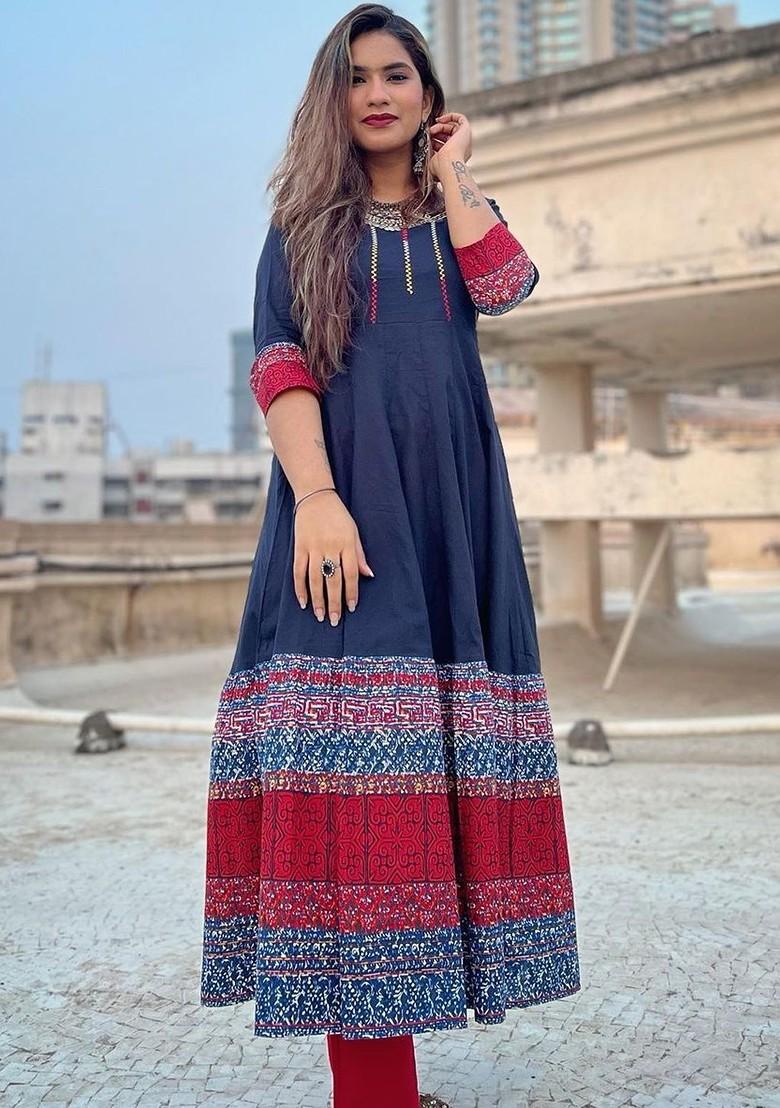 Blue Embroidered Poly Blended Kurtas - Indya