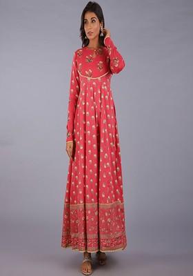 Peach Embroidered Poly Blended Kurtas