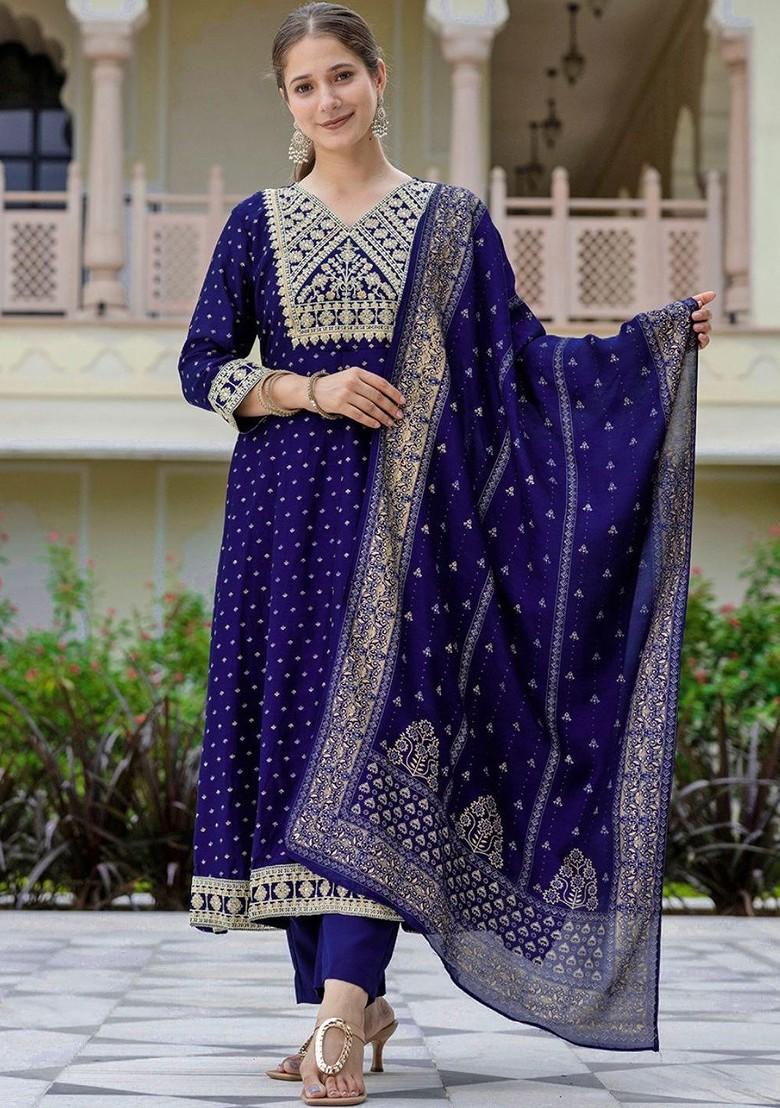Navy Blue Embroidered Poly Blended Kurta Sets