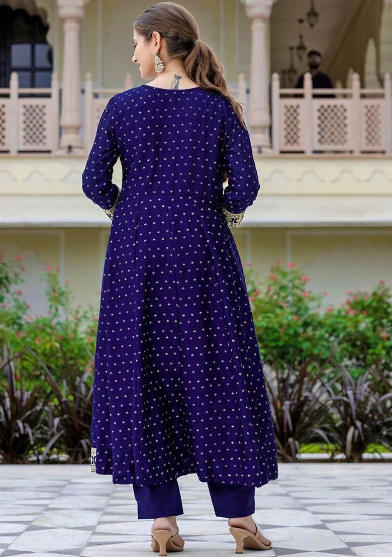 Navy Blue Embroidered Poly Blended Kurta Sets