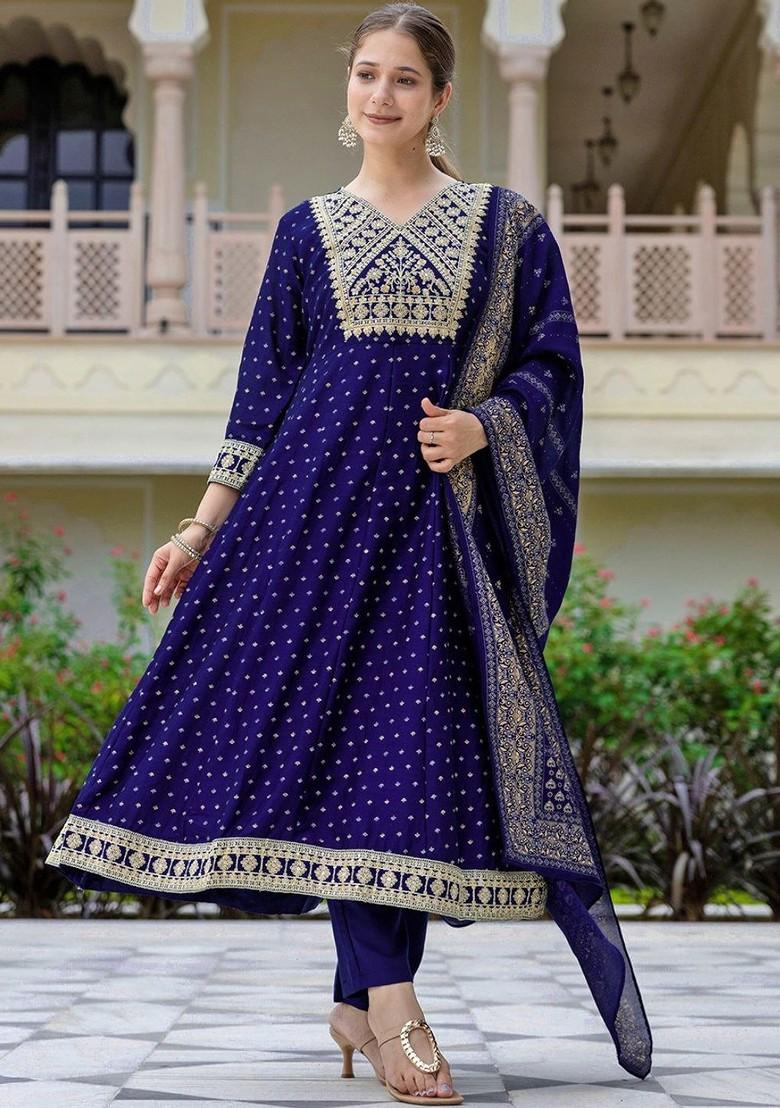 Navy Blue Embroidered Poly Blended Kurta Sets