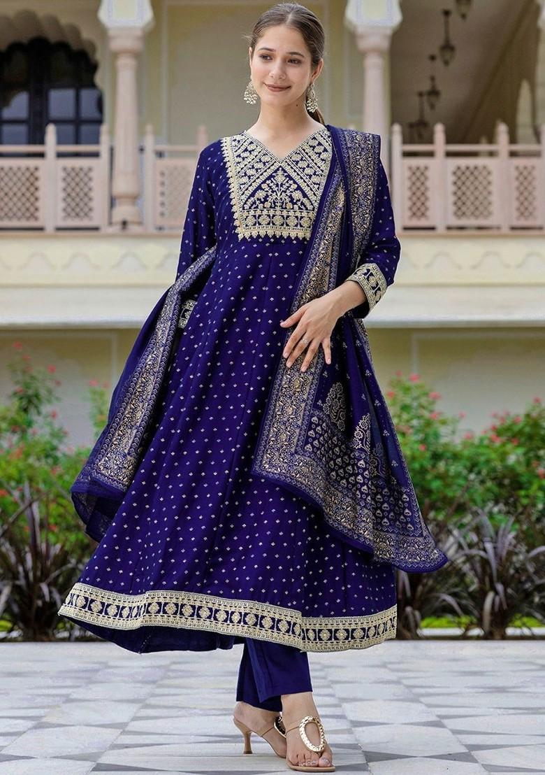 Navy Blue Embroidered Poly Blended Kurta Sets