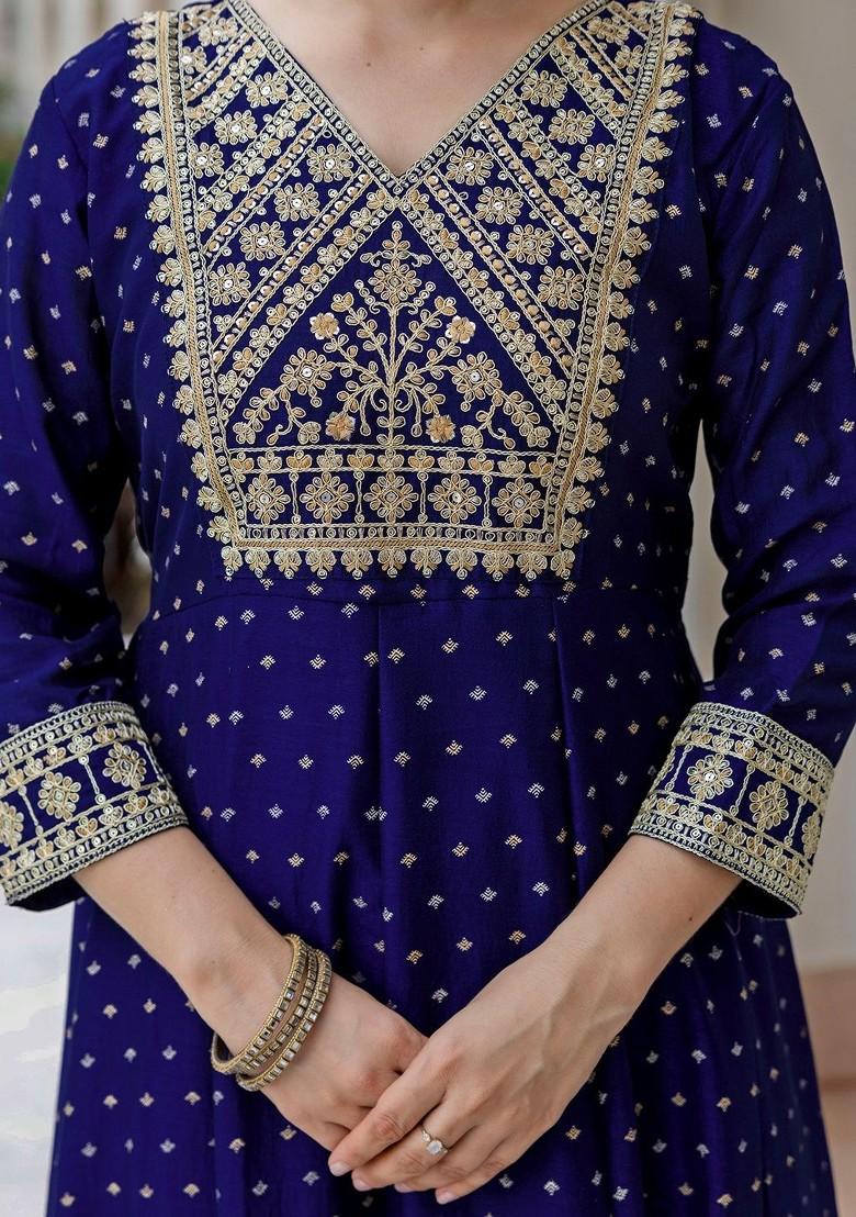 Navy Blue Embroidered Poly Blended Kurta Sets