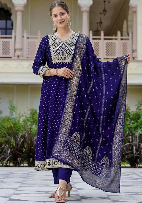 Navy Blue Embroidered Poly Blended Kurta Sets