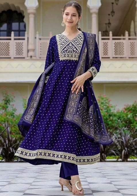 Navy Blue Embroidered Poly Blended Kurta Sets