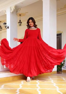 Red Embroidered Poly Blended Kurta Sets