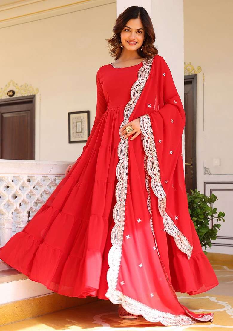 Red Embroidered Poly Blended Kurta Sets - Indya
