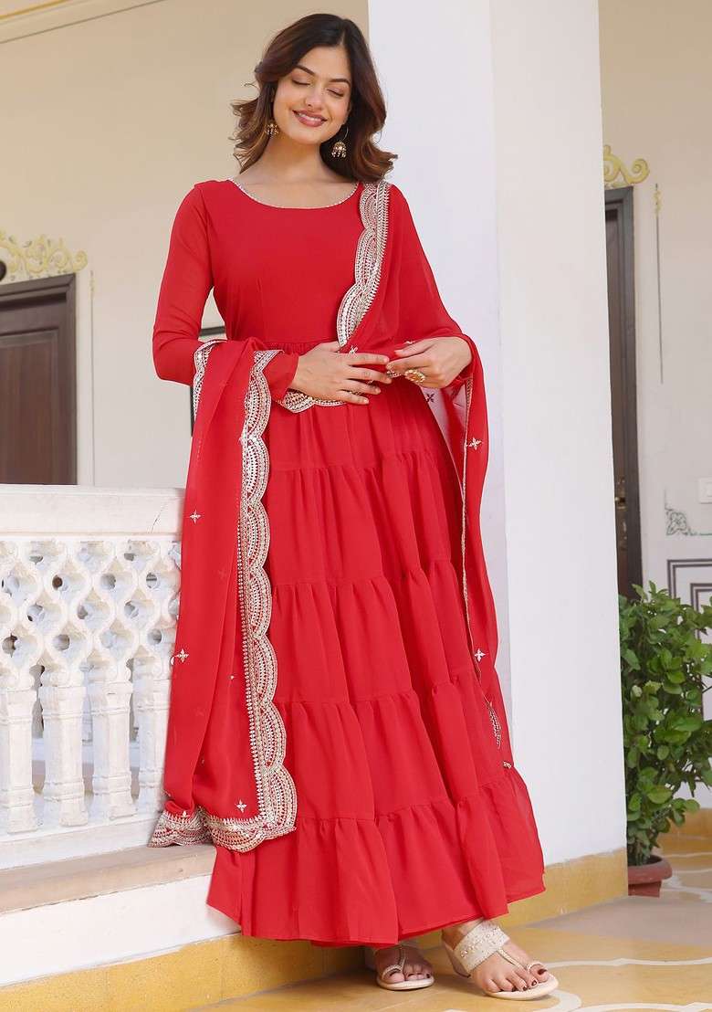 Red Embroidered Poly Blended Kurta Sets - Indya