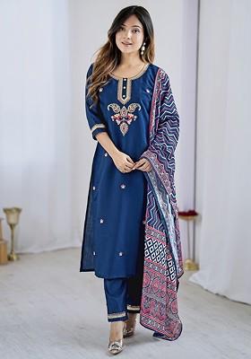 Navy Blue Embroidered Poly Blended Kurta Sets
